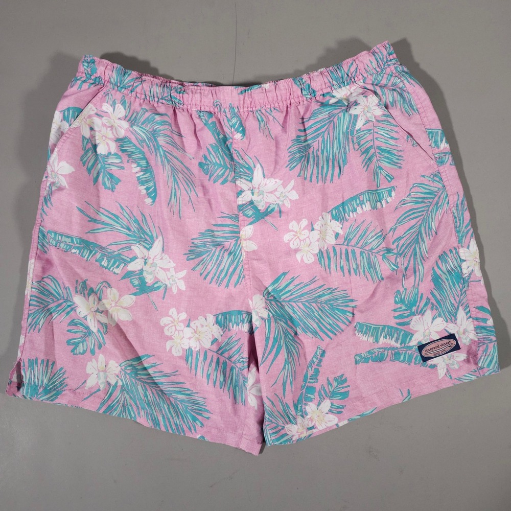 Vineyard Vines Swim Trunks Men XL Pink Tropical‎ Floral Palm Leaf Mesh Lined 6"